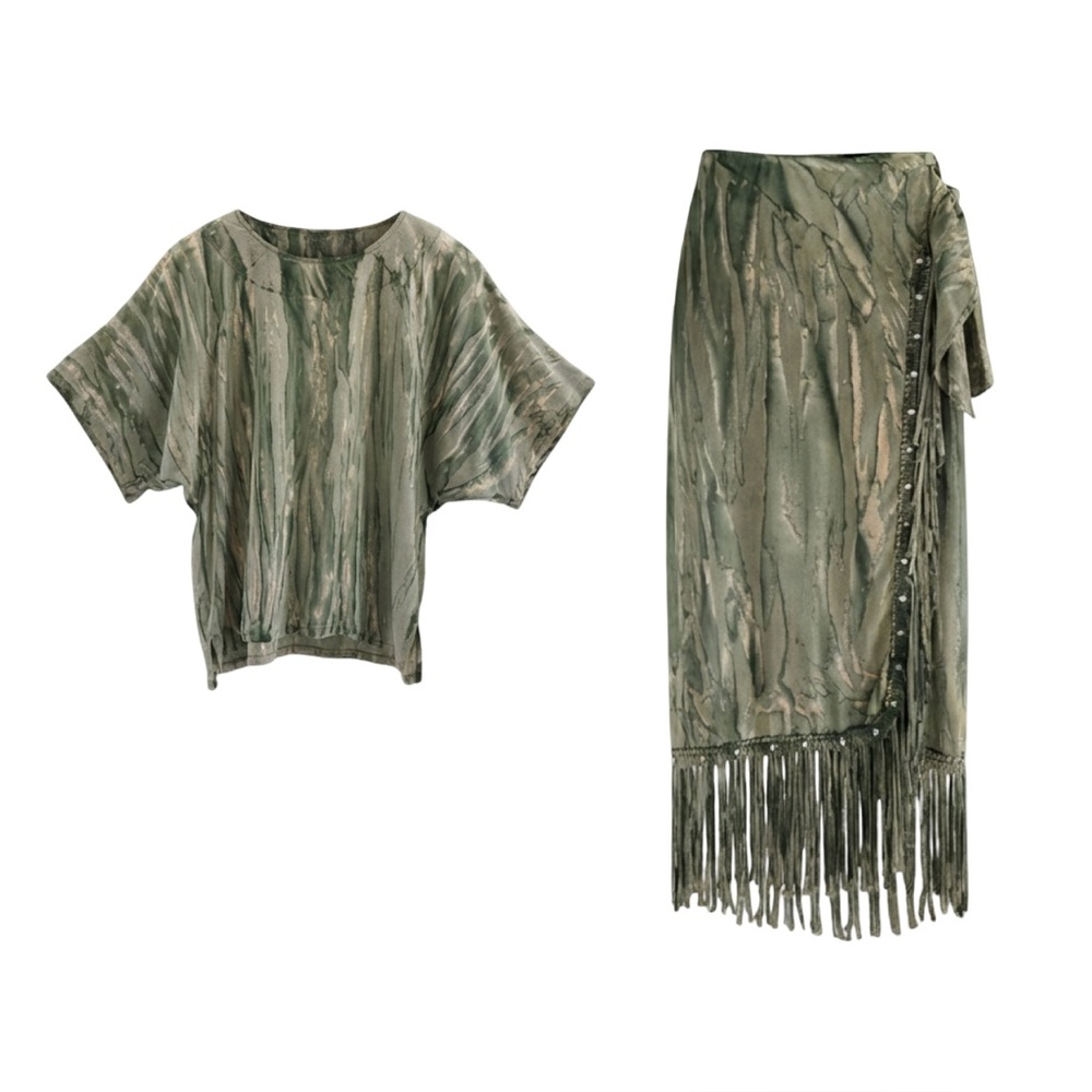 Risky 2 Piece Skirt Set Women's M Green Abstract Fringe Wrap Made in the USA